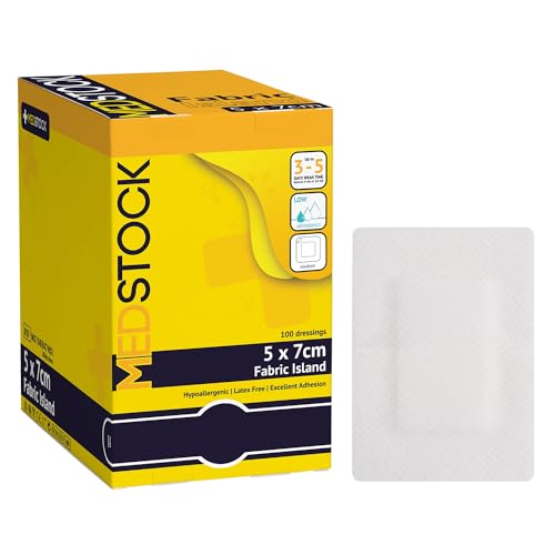 MEDSTOCK Fabric Island Dressing, 5CM X 7CM, 100 Count, Adhesive Wound Care, Suitable for Surgical Wounds, Grazes, Highly Breathable, Hypoallergenic, Non-Woven Fabric, High Absorption Fabric Pad