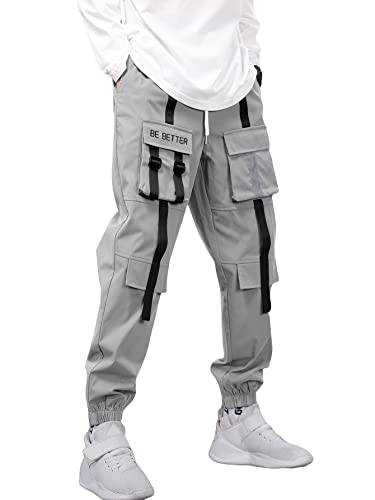 Floerns Men's Drawstring Waist Joggers Top-Stitching Cargo Pants Grey S