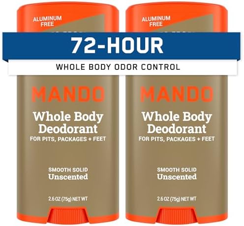 Mando Whole Body Deodorant For Men - Smooth Solid Stick - 72 Hour Odor Control - Aluminum Free, Baking Soda Free, Skin Safe - 2.6 Ounce (Pack of 2) - Unscented