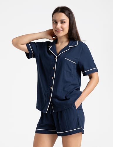 Image of Womens Muslin Pajama Set 100% Cotton Double Gauze Linen Like | Breathable Soft Comfort Button Up Loungewear Sleepwear PJ Set