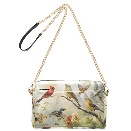 Women Crossbody Bag Shoulder Handbag Cellphone Purse Beautiful Birds Print, PU Leather Metal Chain Strap Water Resistant Zipper Closure