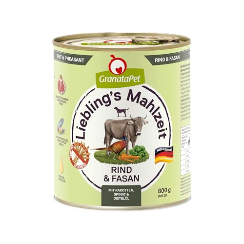 dogz finefood Hundefutter nass - N° 2 Rind - Feinkost Nassfutter für Hunde & Welpen - getreidefrei & zuckerfrei - hoher Fleischanteil, 6 x 200 g Dose 5 GranataPet Liebling's Mahlzeit Rind & Fasan, Nassfutter für Hunde, Hundefutter ohne Getreide & ohne Zuckerzusätze, Alleinfuttermittel, 6 x 800 g