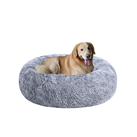 Poohoo Calming Faux Fur Donut Cuddler Dog Bed,Washable Round Cat Bed Pillow Cuddler Gradient Color(23"/30") for Small Medium Dogs(L 30",Grey)