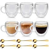 6 Stück Doppelwandige Latte Macchiato Gläser, 250ml Kaffeegläser mit Henkel und Löffel, Hitze und Kältebeständigkeit Kaffeetassen Glas Espresso Gläser für Cappuccino Tee Kaffee Milch Saft Bier