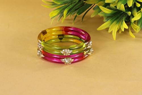 Image of NMII Diamond Glass Bangles Crystal Kada Set For Women & Girls Adorned with Golden Zircon Stones | Trending Girls Bangles Bracelet | Transparent Chudi Kangan For Wedding, Party, Daily, Ethnic- Set of 2
