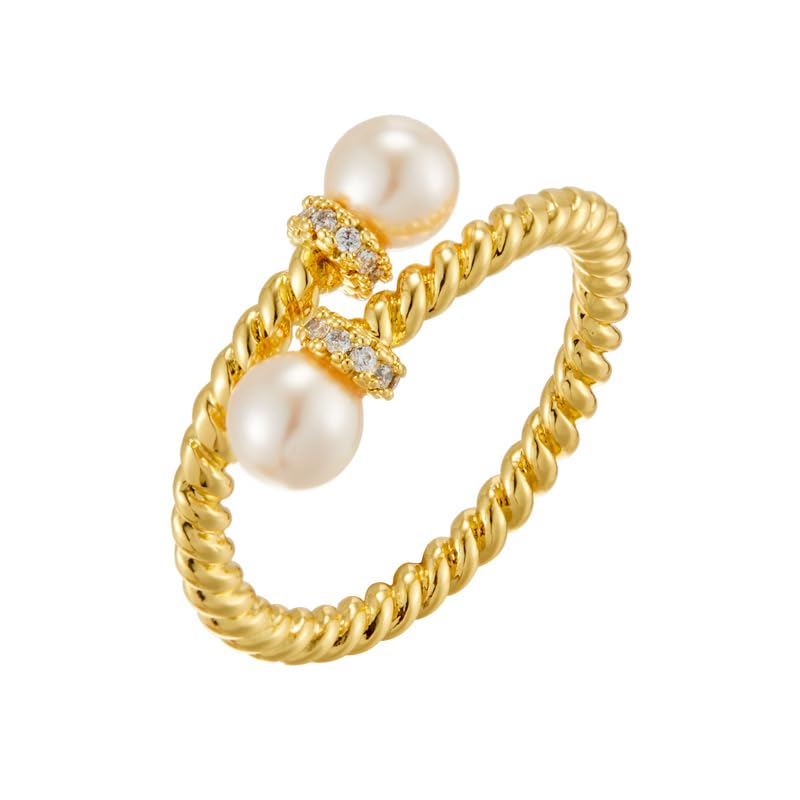 Double Pearls Open Twisted Band Statement Rings for Women Dainty Shiny CZ Large Round Pearl Adjustable Finger Wrap Ring Promise Engagement Wedding Party Stacking Expandable Fashion Jewelry Her