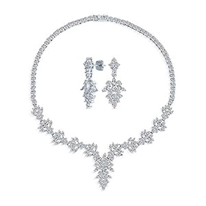 Bridal Jewelry Set Art Deco Vintage Estate Style Cubic Zirconia Marquise Leaf Teardrop AAA CZ Statement Cleavage Choker Necklace & Chandelier Dangle Clip On Or Pierced Earrings for Women Pageant