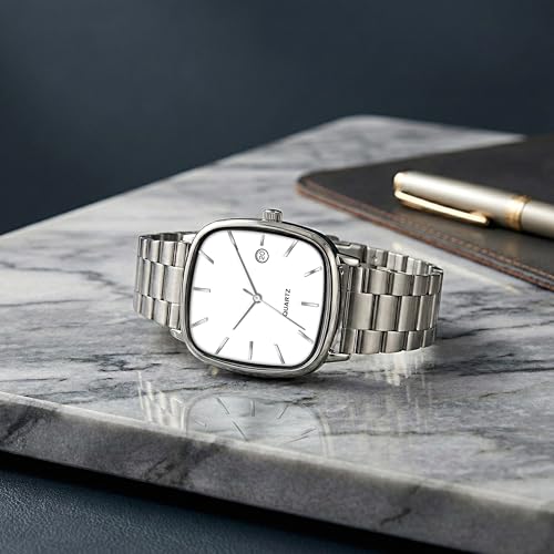 Image of Acnos Luxury Square Dial Quartz Watch for Men & Women - Stainless Steel Bracelet, Minimalist Analog Wristwatch with Date Window Pack of 1