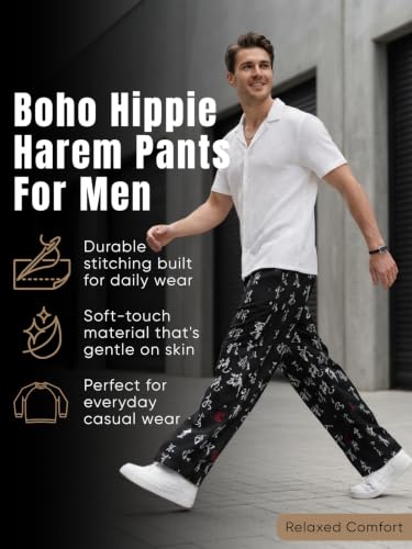 Image of GRECIILOOKS Mens Boho Hippie Harem Pants | Black Printed Wide-Leg Trousers | Koren Streetwear Loose Baggy Fit Summer Lounge Yoga Lowers |Trouser Relaxed Fit for Men