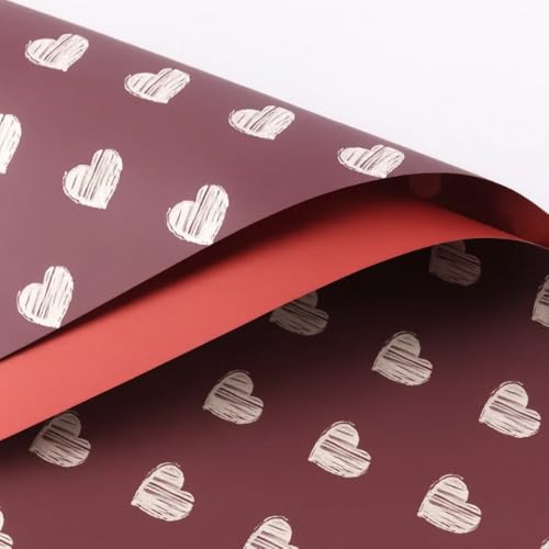 Image of Oasis - Pack of 10 Sheets Korean Style Waterproof Black Bouquet Wrapping Sheets (58cm x 58cm, 60 Microns) | Maroon Sketch Heart Design, Premium Giftwrap for Flowers & DIY Gift Wrapping Paper