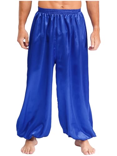 Riismen Calças de homem para homem fantasia de príncipe árabe calças bombaceiros cetim folgados hippies dança disfarce azul real M