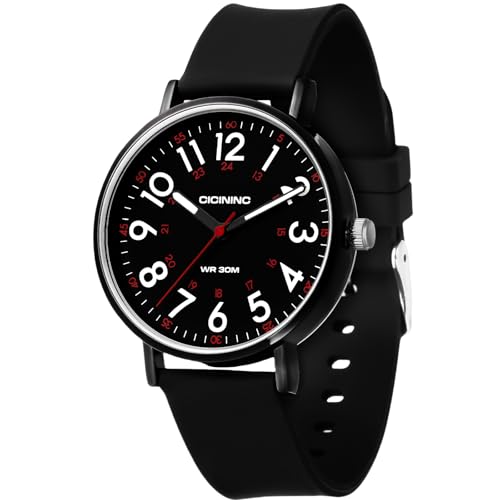 cicininc Nurse Watch for Women Men, Black Analog Nursing Watches with 12/24 Hour Military Time, Second Hand