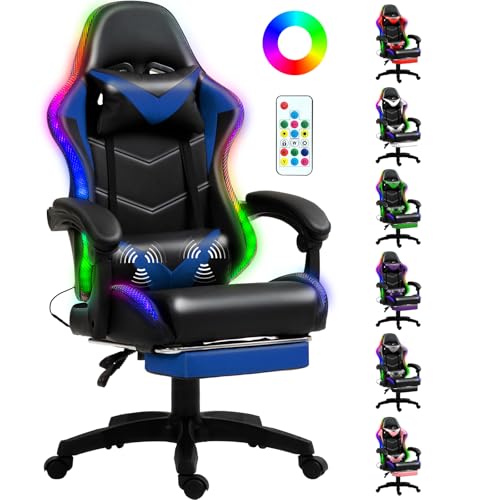 Czlolo Gaming Chair, Racing Style RGB LED Lights Gaming Chairs for Adults and Kids, Lumbar Massager...