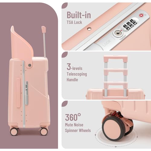 20-Inch Ride-On Suitcase for Kids & Adults – TSA-Approved Underseat Carry-On Luggage with 360° Wheels, Built-In Seat & Safety Belt – Lightweight Durable Spinner Suitcase for Airplane Travel Fits Ages