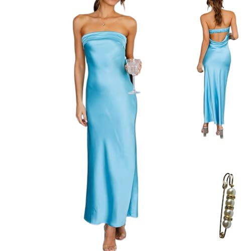 Image of Womens Strapless Satin Maxi Dress Backless Tube Dress | Strapless satin maxi dress with elastic back folded bust backless cut smooth drape and slim tube fit for events