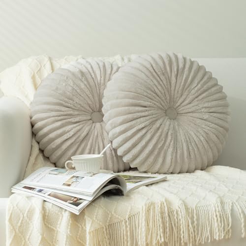 Image of HIG Decorative Round Throw Pillows for Bed Couch -Set of 2 Handcraft Ruched Pumpkin Pillow, Soft and Durable Flannel Floor Pillow for Home Decor, Bed Living Room and Sofa (Beige,14.5 inchx14.5 inch)