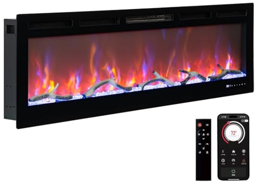 Electric Fireplace, 50 Inch Fireplace Heater Recessed and Wall Mounted, Linear Fireplace with Multicolor Flame, 750/1500W Control by WiFi and Remote, Fireplace Heater with Log and Crystal