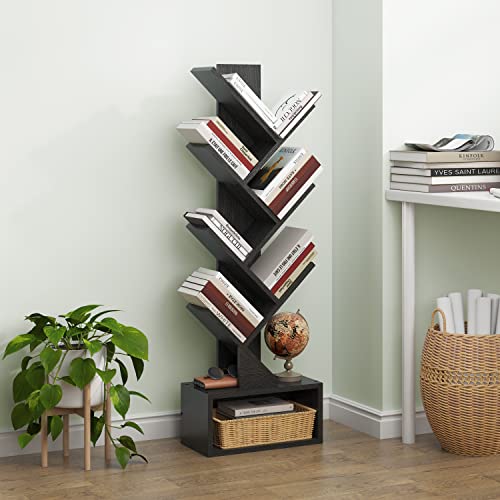 Image of Hoctieon 6 Tier Tree Bookshelf, Tall Bookcase with Drawer, Freestanding Book Shelf, Display Floor Standing Storage Shelf, Book Organizer Shelves for Home Office, Living Room, Bedroom, Black