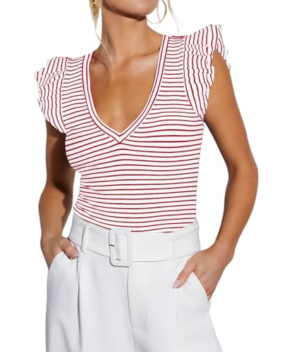 Ezbelle Women's V Neck Tank Summer Tops Striped Tshirts Ruffle Short Sleeve Slim Fitted Ribbed Knit Sexy Blouse 2026