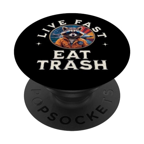 Live Fast Eat Trash Sunset Raccoon Vintage Jet Pilot PopSockets Swappable PopGrip, Black