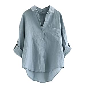 Minibee Women’s Linen Blouse High Low Shirt Roll-Up Sleeve Tops