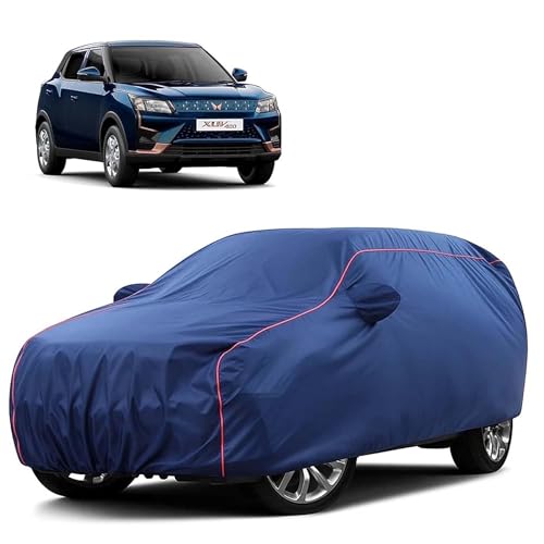 Image of Sulfar 100% Water Resistant Car Body Cover Compatible with Mirror for Mahindra XUV 400 (Triple Stitched, Full Bottom Elastic, Blue Tafetta with Red Piping)