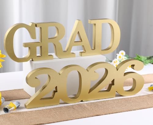 Graduation Decorations Class of 2026 -Wooden GRAD and 2026 Tabletop Sign Photoshoot Props Centerpieces Letter Sign for College High School Congrats Grad Party Supplies (Gold)