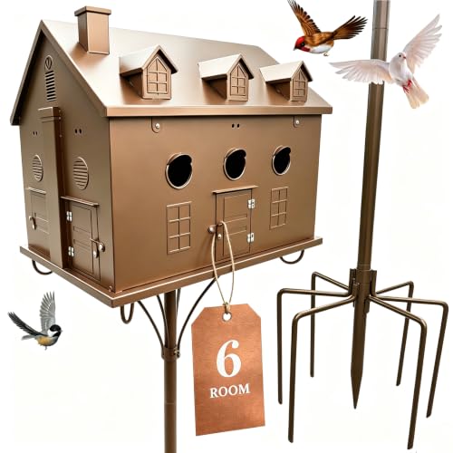 Image of Preassembled 6-Room Metal Birdhouse with Pole, 7-Prong Stake