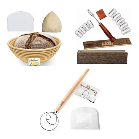 9 Inch Bread Banneton Proofing Basket and Bread Bakers Lame Slashing Tool - Dough Making Slasher Tools Baking and Danish Dough Whisk Bread Mixer Cover