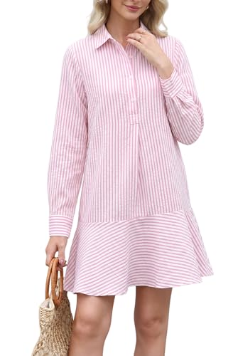 Image of EZAPINE Womens Striped Shirt Mini Dress Long Sleeve Collared Ruffle Hem Button Up Tunic Flowy Swing Dresses