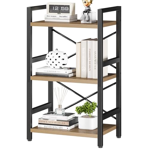 Homeiju Bookshelf, 3 Tier Industrial Bookcase, Metal Small Bookcase, Rustic