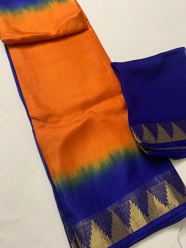 Image of Women's Bhagalpuri Pure Kota Doria Silk Net Saree With Temple Zari Border and Running Blouse Piece