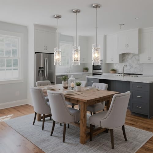 Brushed Nickel Glass Pendant Light for Kitchen Island, Luxury Mini Water Ripple Crystal Chandelier Fixture, Modern round Adjustable Hanging Pendant Lighting for Dining Room Bathroom Hallway (3-Pack) by KELUOLY - Used condition - Image 8