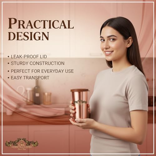 Image of cWc Copper Water Tumbler with Lid, 480ml | 100% Pure Copper Drinking Glass | Leak-Proof, BPA-Free | Ayurvedic Water Storage Cup for Daily Hydration | Office, Travel & Home Use