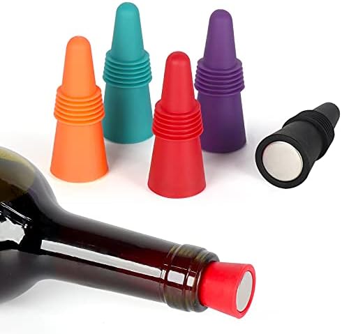 SZUAH Wine Bottle Stopper (Set of 5), Silicone Reusable Wine and Beverage Bottle Stopper with Grip Top, Assorted Color.(Red, Blue, Orange, Purple, Black)