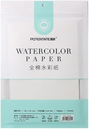 Potentate 300GSM 100% Cotton Hot-Pressed Watercolour Paper 10 Sheets, 13 cm x 19 cm Size