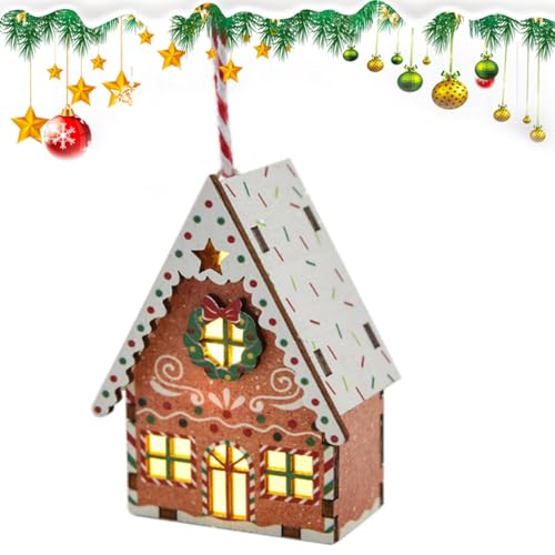 Casa de jengibre de Navidad de madera, adorno de árbol de pared iluminado de casa de jengibre | Miniatura de pueblo para interiores y exteriores con cordón para ventana, corona