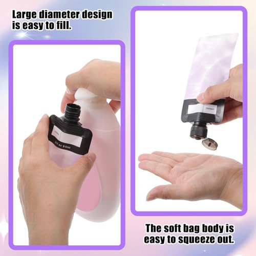 9Pcs Leak Proof Empty Squeeze Pouches Travel Pouches for Toiletries Travel Lotion Container Makeup Pouch Refillable Accessories Shampoo Conditioner Lotion Soap Liquid (Pink Purple Black)4