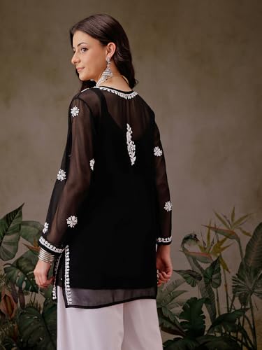 Image of Ada Women's & Girl's Georgette Hand Embroidered Lucknow Chikankari Regular Fit Short Kurti Top with Slip A911300