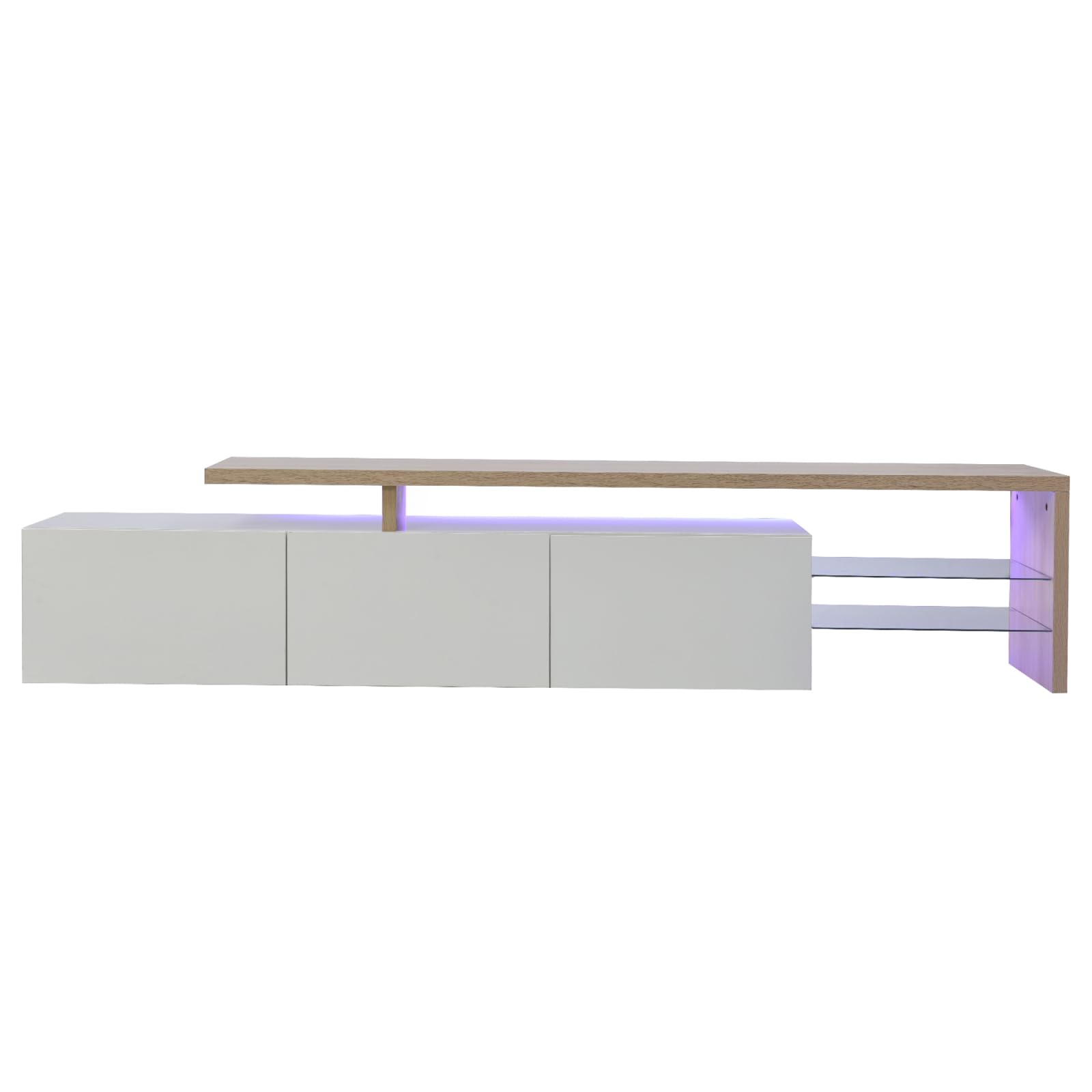 TV Ark, práctico espacio de almacenamiento de madera, consola de TV con 3 armarios e iluminación LED, aspecto brillante, estantes de cristal integrados, mueble de TV elegante y práctico