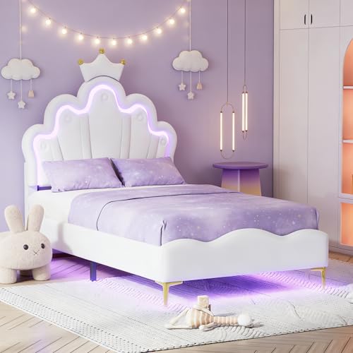 KSFASHZ Camas Individuales 90x200 Infantiles, Cama de Niña Princesa LED, Cama Infantil Niña90x200 con Cabecero Cama Niña Adolescente con SomierCama para NiñaCamas Infantiles Moderna, Sin colchón