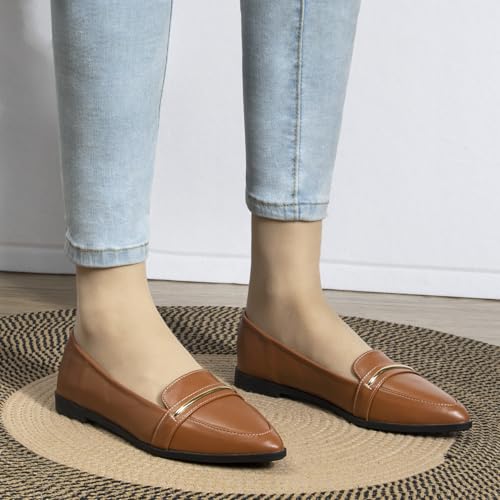 Image of Pointy Toe Penny Loafers for Women Dress Office Work Flats Shoes | Comfortable Women's Faux Suede Leather Slip On Flat Loafers for Driving Business Casual Cute Ballet Shoes