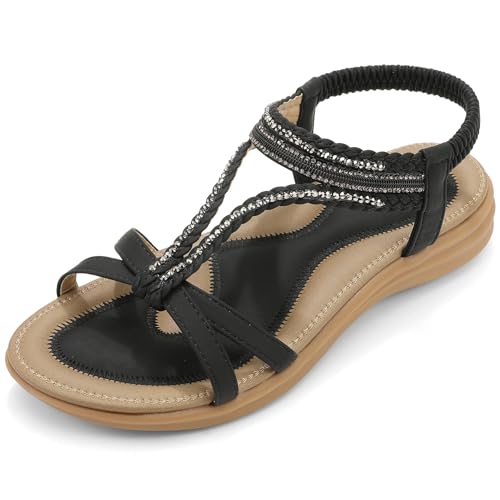 UBFEN Womens Bohemian Flat Sandals With Back Strap Summer Beach Comfortable Bling
