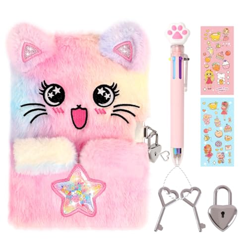 PrinBarBee Cat Diary for Girls with Lock and Keys,Tie-Dye Fuzzy Journal for Kids,Hardcover Fluffy Locking Notebook for Writing and Drawing,4-12 Year Old Girl Birthday (A Star-Cat)