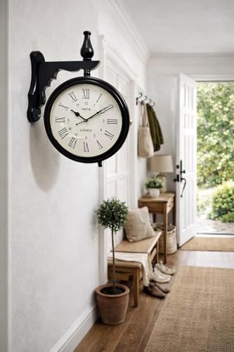 Image of Vintage Double-Sided Wall Clock, Antique Victorian Hanging Clock with Bracket, Silent Quartz Movement, Roman Numerals, Rustic Farmhouse Decor for Home & Office (Black)