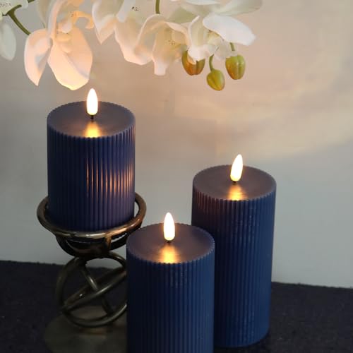 Image of 3 Pack Wax LED Flameless Candles with Remote Real Wax Battery Operated Electric Pillar Candle Set with Vertical Stripes 3D Black Wick for Home Party Wedding Decorations, Navy Blue, D 3 x H 4 /5 /6 inch