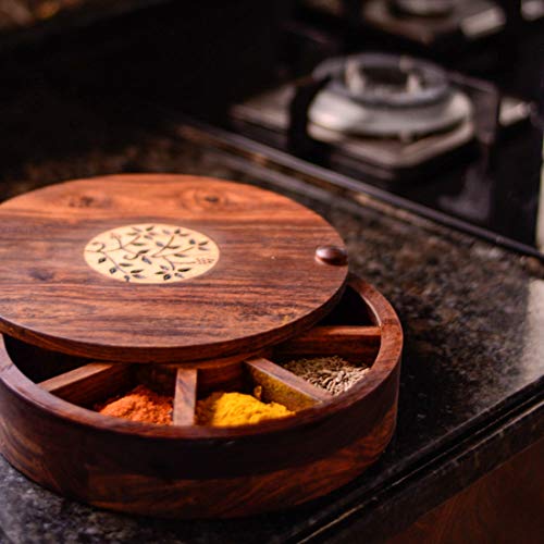 ExclusiveLane Wooden Spice Box Set for Kitchen with Floral Burnt Design in Sheesham Wood (6 Partitions) - Masala Dabba Spice Rack Holders & Masala Container Wooden Masala Box for Kitchen Masala Dani