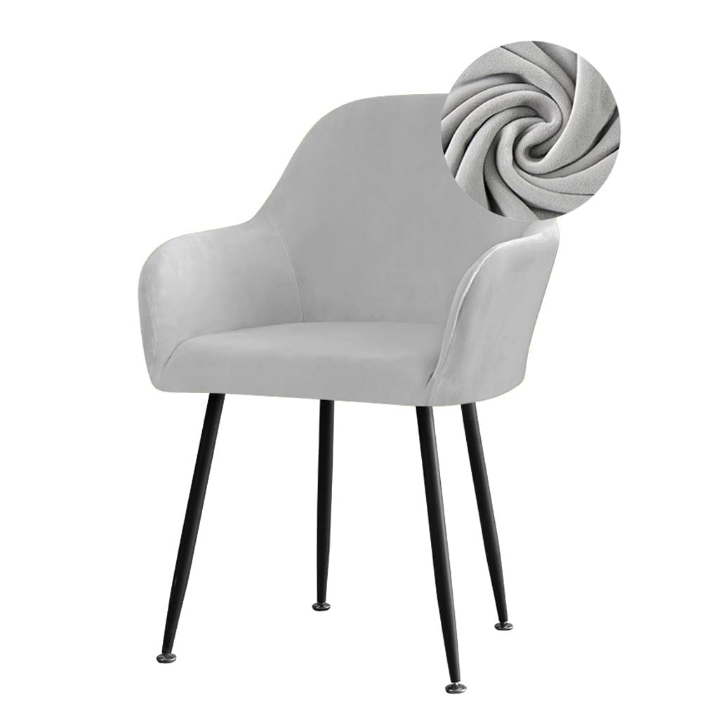 Highdi Stretch Dining Chair Covers Velvet Curved Back Chair Slipcovers with Armrest, Vanity Swivel Armchair Cover Removable Washable for Dining Room Wedding Party Hotel (Light Grey,6 PCS)