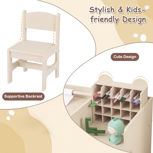 Image of Costzon Toddler Table and Chair Set, 2-in-1 Art Desk Set with Paper Roll | Drawing Table and Stool w / Cubby Cabinet, Storage Drawer and Side Book Rack for Drawing, Studying, Reading & Activity Play