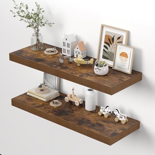 Image of Dreamland 40 inch Floating Shelves for Wall, 12 inch Deep Thicker Floating Shelves, Wall-Mounted Shelves for Bedroom, Living Room, Kitchen, Bathroom,Rustic Brown - Set of 2